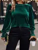 Top de terciopelo verde oscuro de talla grande transfronterizo europeo y americano 2026 con cuello con volantes, mangas abullonadas y puños plisados, top de manga larga