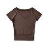 Camiseta Retro de Color Puro Dos Usos Cuello en V Hombro Descubierto Manga Corta para Mujer Puro Sexy Sexy Ajustado Cintura Elástica Top Patchwork