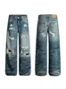 2025 Nuevos Pantalones Retro Desgastados Sucios Azules Lavados de Pierna Ancha Scimitar Holgados para Hombres y Mujeres