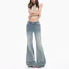 Jeans Feminino Slimming Azul Lavado Retrô Micro Flare Clássico Cintura Baixa Lavado à Mão com Efeito Desgastado