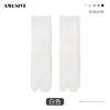 Calcetines Divertidos Finos Minimalistas Estilo Japonés Rayas Verticales Punta Dividida Calcetines Básicos de Color Sólido de Moda para Dos Dedos Calcetines de Media Pantorrilla para Mujer