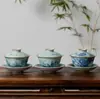 (Oferta especial) Tetera de Estilo Antiguo Tianqing Ru Kiln con Esmalte Craquelado y Tapa de Tres Piezas, Taza Maestra de Cerámica Azul y Blanca Taza de Degustación
