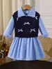 Conjunto de Dos Piezas para Niña de Primavera y Otoño: Chaleco de Punto Azul Marino + Vestido Camisa de Manga Larga Azul Claro