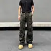 Jeans camuflados estilo americano lavados y desgastados para hombre y mujer, pierna recta, plisados, multibolsillos, casuales, holgados, pierna ancha, pantalones hasta el suelo