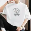 Camiseta Masculina de Manga Curta Estilo Americano Pesada 260g, Modelagem Solta, Algodão Puro, Gola Redonda, Estampa de Tubarão, Blusa de Verão 100% Algodão de Manga Meia