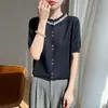 Cárdigan de punto de manga corta con cuello de cuentas estilo francés para mujer Camiseta 2026 verano ligero ajustado top elegante