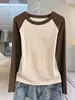 Camiseta feminina de algodão puro com gola redonda e mangas compridas, novo estilo outono 2026, corte slim, que valoriza a silhueta, camada interna, top com manga raglan