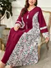 Bata transfronteriza talla grande estilo otoño nuevo patchwork burdeos estampado geométrico flecos cuello en V holgada manga larga
