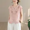 Nueva blusa de encaje bordado estilo chino de manga corta para mujer, nueva blusa vintage de algodón y lino para mujer, verano 2026