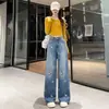 Foto Real de Jeans de Pierna Ancha Bordados de Tiro Alto Estilo Retro Americano para Mujer, Nuevo Estilo Primavera y Otoño, Corte Holgado, Pantalones Rectos Adelgazantes de Longitud Completa