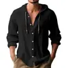 Ropa de hombre transfronteriza talla europea, camiseta de hombre de corte holgado, camisa casual de manga corta de color liso, cárdigan abotonado con capucha y cordón de lino sintético