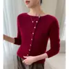 Cardigan de Cashmere Macio para a Pele, Cor Sólida, Estilo Pulôver Outono e Inverno para Mulheres, Gola Redonda, Novo Estilo, Manga Longa, Botão Diagonal, Estilo Europeu e Americano Versátil