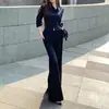 Conjunto Elegante y Sofisticado: Conjunto de Dos Piezas para Mujer: Camisa Rayada de Manga Larga con Cuello Polo y Pantalones Casuales Acampanados de Primavera