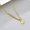 Q10 Cadena de Cuentas Espaciadoras de Acero Inoxidable para Mujer Colgante de Flor Pentagonal Collar Empalmado de Doble Capa Dorado