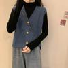 2 023 Otoño Nuevo Camiseta Básica de Cuello Semi-alto + Chaleco Chaleco de Punto Cálido Joker con Botones de Cuello en V de Color Sólido para Mujer