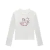 Camiseta feminina de gola redonda, ombros caídos e manga longa, novo estilo para primavera e outono, estampa de pônei de desenho animado americano, corte justo, top versátil para usar como base
