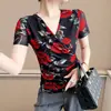 Top Floral Retro para Mujer, Nuevo Estilo de Verano, Camiseta Sexy de Malla con Cuello en V Plisado y Mangas Cortas, Elegante y Rejuvenecedor