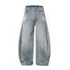 K2250 Jeans Masculino de Cintura Alta Estilo Retrô Americano High Street, Design Desconstruído Azul Lavado, Corte Solto, Formato de Cimitarra