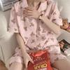 Ins estilo coreano rosa azul cuadros oso caricatura pijama dulce para mujer manga corta shorts solapa cárdigan seda de leche ropa para el hogar