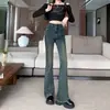 Calça Jeans Cinza Cimento Feminina Primavera e Outono Cintura Alta Fivela Dupla Tuct Barriga Estilo Hong Kong Retrô Nostálgico Calça de Chão Ferradura Reta