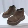 Moda de Alta Gama Otoño e Invierno Botines Cortos Cálidos de Terciopelo Marrón Zapatos de Algodón para Mujer Aspecto Adelgazante Tacón Medio Bajo Zapatos de Suela Gruesa Botas de Nieve