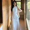 Vestido sin mangas, ricamente bordado, de estilo francés para mujer, perfecto para vacaciones de verano y viajes; un vestido de verano largo y vaporoso