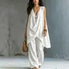 2026 Transfronterizo Europeo y Americano Amazon Primavera/Verano para Mujer Sin Mangas Cuello Alto Color Sólido Elegante Holgado Algodón-Lino Estilo Vacaciones Traje