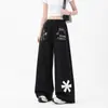 Calça de moletom cinza estilo retrô americano com estampa de bolso, unissex, modelagem solta, calça casual versátil de perna larga, moderna para casais