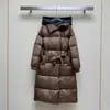 Casaco longo acolchoado moderno de caimento justo, com capuz removível, estilo duas peças falsas. Estação europeia feminina, sobrecasaco simples de alto padrão, temperamento feminino.
