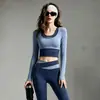 Conjunto de Yoga con Bloques de Color y Costuras para Mujer Manga Larga con Almohadillas en el Pecho Pantalones de Yoga de Cintura Alta Cubre Imperfecciones Muestra Piernas Delgadas Conjunto Deportivo de Fitness