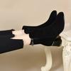 Botas de Cano Médio para Mulheres Outono e Inverno 2025 Novas Salto Grosso Fivela em Forma de U Botas de Couro Preto Estilo Europeu e Americano Botas de Cavaleiro Botas de Algodão com Forro de Lã para Mulheres