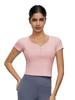 2025 Ropa Nueva de Yoga Top Sentido de Alta Gama con Almohadilla en el Pecho Camiseta de Manga Corta para Mujer Línea Princesa Cintura Ceñida Adelgazante Ropa de Fitness