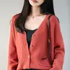 Cárdigan de punto de algodón puro estilo vintage para mujer, cuello en V, corte holgado, adelgazante, de un solo botón, manga larga, engrosado, cálido abrigo suéter