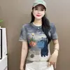 Camiseta Casual de Verão Nova Estilo Redutora de Idade para Mulheres, Gola Redonda com Estampa de Hipopótamo, Manga Curta, Moda e Redutora de Idade, Cobre o Corpo e Faz Você Parecer Mais Magra