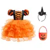 2026 Novo Vestido Infantil de Halloween Vestido Bolo de Organza Roxo Vestido de Bruxa Cosplay