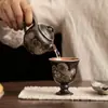 Juego de Té Negro con Incrustaciones de Oro y Plata y Patrón de Gota de Lluvia, Juego de Té de Cerámica Kung Fu para Uso en Casa, Tetera de Estilo Retro Chino, Regalo