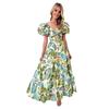 Amazon 2025 Verano Nuevo Vacaciones Europeas y Americanas Casual Estampado Cintura Mangas Abullonadas Vestido Grande Mujer