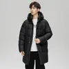 Jaqueta de Penas com Capuz de Inverno para Homens 2025 Nova Acolchoada Quente Estilo Casal 90 Penas de Pato Branco Casaco Casual de Comprimento Médio