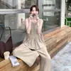 Conjunto de Moda Casual Jovem Slimming Khaki com Top de Alça sem Manga com Babados e Calça de Perna Larga - Verão 2026