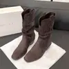 Botas de media pantorrilla con aumento oculto de 8 cm de altura, Botas de vaquero occidentales con corte en V, Adelgazantes para circunferencia de pantorrilla grande, Botas arrugadas, Botines, Botas plisadas para mujer