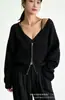 Cárdigan de punto con cremallera y cuello en V estilo coreano para mujer, nuevo top casual de principios de otoño con hombros caídos, mangas largas y chaqueta suéter de punto grueso