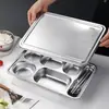 Prato de jantar em aço inoxidável de grau alimentício, prato de almoço para estudantes, uso comercial e doméstico, tigela para adulto com tampa, prato de fast food, 304 compartimentos divididos para refeitório