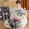 Pijama masculino estiloso e bonito de manga curta 100% algodão, conjunto fino de gola redonda, roupa de casa casual de corte solto, novo modelo de verão 2026