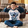 Pijama Infantil Masculino Primavera e Outono Conjunto de Algodão Puro Manga Longa para Crianças Fortinhas, Conjunto de Roupa Íntima Térmica Masculina