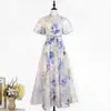 Australia Toma Real Vestido Midi Estampado Literario Retro Trabajo Pesado Bordado Mangas Abullonadas Vestido de Hada Vestido de Verano Ceñido a la Cintura