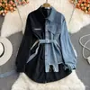 Vestido Camisa de Retazos de Mezclilla con Solapa Transfronterizo Europeo y Americano, Nuevo Estilo Primavera y Otoño, Ceñido a la Cintura, Adelgazante, Irregular de Longitud Media