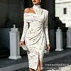 Transfronterizo Nuevo Estampado Digital Casual Personalidad Moda Temperamento Vestido de Manga Larga Hombros Descubiertos Falda Primavera y Otoño Mujer