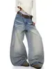 Jeans de retazos a rayas desgastados estilo retro americano con orejas de gato, diseño unisex, pantalones holgados de pierna ancha