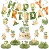 Bestseller transfronterizo: banner de cumpleaños con tema de bosque, banner de letras, huevo de dinosaurio, adorno para pastel de planta verde y adornos decorativos