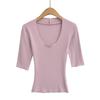 Camiseta Feminina Justa de Manga Três Quartos para Usar por Baixo Decote Redondo Grande Cintura Elástica Look Emagrecedor Top Curto Cor Pura Camiseta Decote V